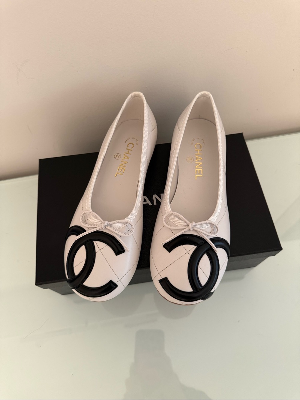 CHANEL Cambon White Leather Ballet Flats with Black CC Matthieu Blazy